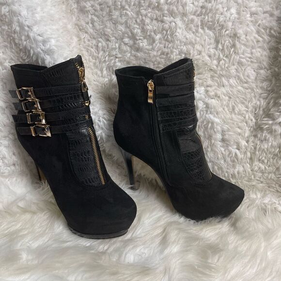 Bebe synthetic suede & lizard print hidden platform heels gold tone buckles SZ8 - Picture 3 of 13